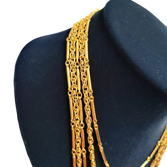Vintage Alternating Bar and Chain Link Multi Strand Graduated Gold Tone Necklace